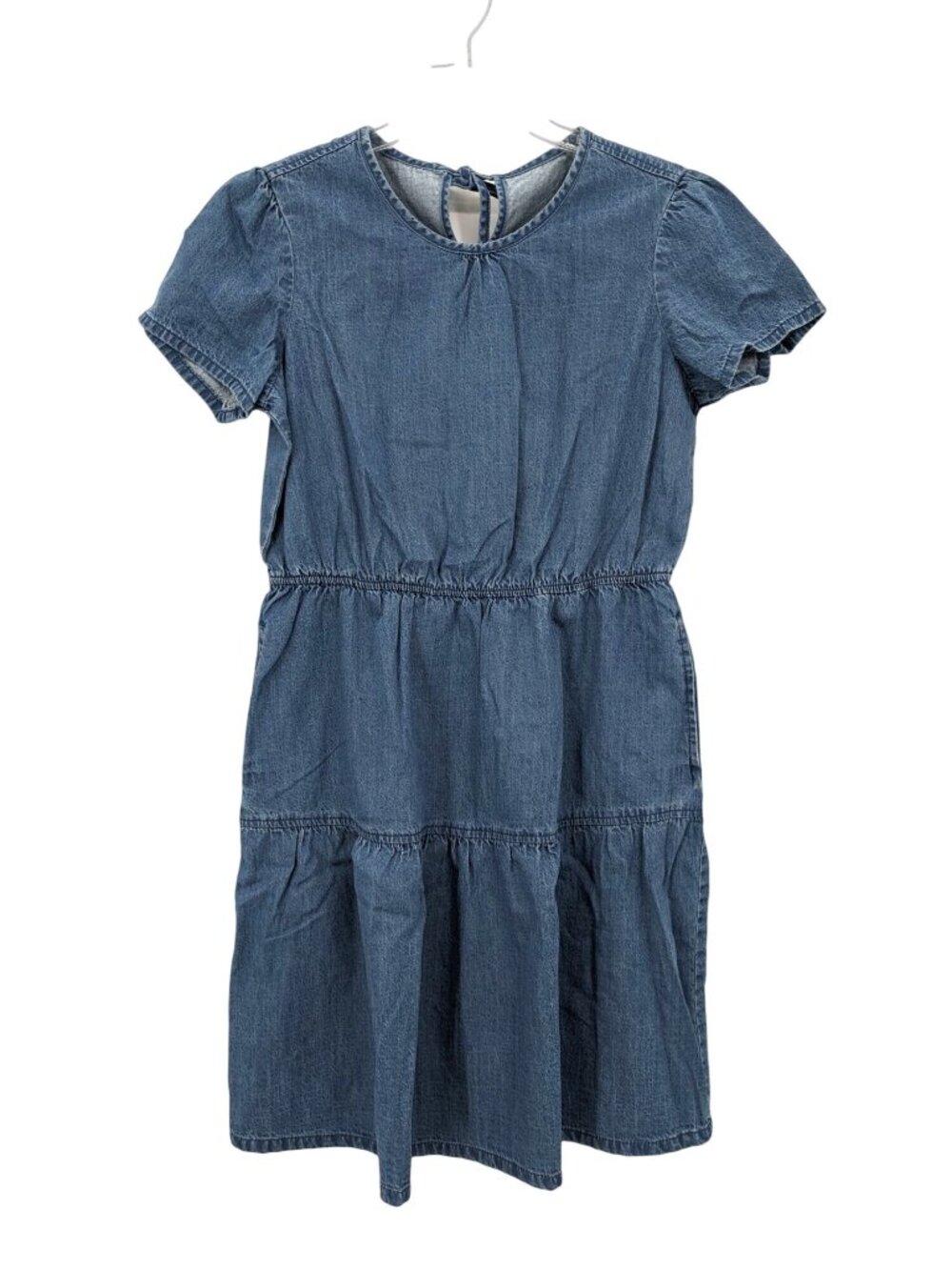 Denim Babydoll Mini Dress Tiered Chambray Casual Cottage Pockets Festival Medium